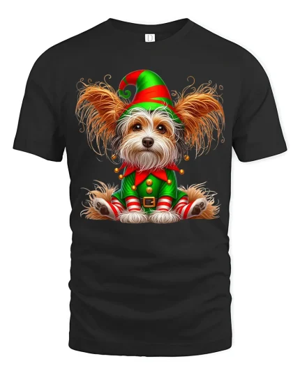 Cute Christmas Elf Dog Tee with Festive Holiday Puppy Art - black t-shirt on white background