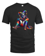 Colorful Jester Art Tee with Vibrant Harlequin Clown Design - black t-shirt on white background