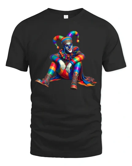 Colorful Jester Art Tee with Vibrant Harlequin Clown Design - black t-shirt on white background
