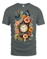 Vintage Floral Clock Butterfly Art Tee for Timeless Style - gray t-shirt on white background