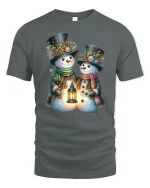 Snowman Couple Lantern Glow Tee with Festive Winter Design - gray t-shirt on white background