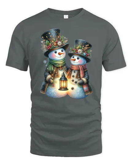 Snowman Couple Lantern Glow Tee with Festive Winter Design - gray t-shirt on white background