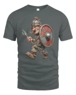 Funny Viking Warrior Tee with Cartoon Shield and Spear Art - gray t-shirt on white background