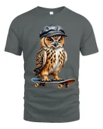 Skateboarding Owl Tee with Cool Cap and Street Style Art - gray t-shirt on white background