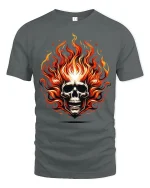 Flaming Skull Tee with Fierce Fire Artwork for Bold Style - gray t-shirt on white background