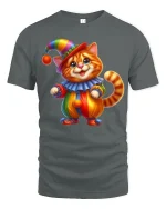 Cute Clown Cat Tee with Colorful Adorable Kitty Artwork - gray t-shirt on white background