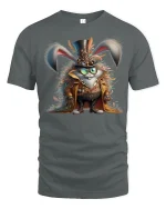 Steampunk Bunny Adventurer Tee with Fantasy Gear Art - gray t-shirt on white background