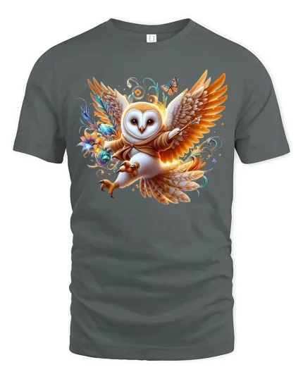 Magical Owl Warrior Fantasy Art Tee with Enchanted Style - gray t-shirt on white background
