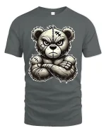 Angry Tough Teddy Bear Tee with Bold Cartoon Stitch Art - gray t-shirt on white background