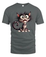 Funny Scared Cat Tee with Big Eyes Cartoon Artwork - gray t-shirt on white background