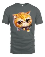 Cute Big Eyed Cat Tee in Adorable Cartoon Art Style - gray t-shirt on white background