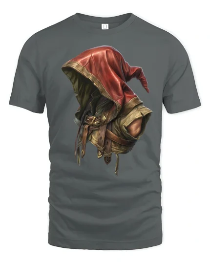 Mysterious Rogue Hooded Warrior Tee with Epic Fantasy Style - gray t-shirt on white background