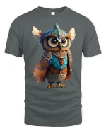Colorful Tribal Owl Spirit Tee with Cute Fantasy Art Design - gray t-shirt on white background