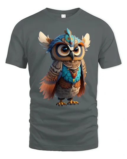 Colorful Tribal Owl Spirit Tee with Cute Fantasy Art Design - gray t-shirt on white background