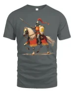 Medieval Knight Rider Tee with Bold Warrior Horse Artwork - gray t-shirt on white background