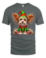 Cute Christmas Elf Dog Tee with Festive Holiday Puppy Art - gray t-shirt on white background