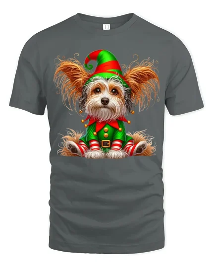 Cute Christmas Elf Dog Tee with Festive Holiday Puppy Art - gray t-shirt on white background