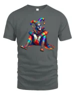 Colorful Jester Art Tee with Vibrant Harlequin Clown Design - gray t-shirt on white background