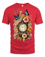 Vintage Floral Clock Butterfly Art Tee for Timeless Style - red t-shirt on white background
