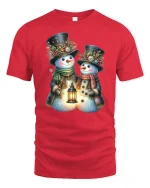 Snowman Couple Lantern Glow Tee with Festive Winter Design - red t-shirt on white background