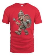 Funny Viking Warrior Tee with Cartoon Shield and Spear Art - red t-shirt on white background