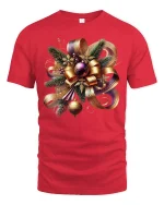 Elegant Christmas Bow Tee with Gold Ribbon Ornament Art - red t-shirt on white background