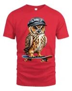 Skateboarding Owl Tee with Cool Cap and Street Style Art - red t-shirt on white background