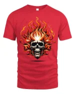 Flaming Skull Tee with Fierce Fire Artwork for Bold Style - red t-shirt on white background