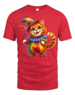 Cute Clown Cat Tee with Colorful Adorable Kitty Artwork - red t-shirt on white background