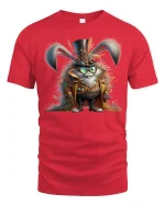 Steampunk Bunny Adventurer Tee with Fantasy Gear Art - red t-shirt on white background