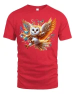 Magical Owl Warrior Fantasy Art Tee with Enchanted Style - red t-shirt on white background