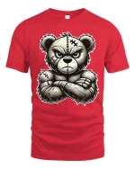 Angry Tough Teddy Bear Tee with Bold Cartoon Stitch Art - red t-shirt on white background