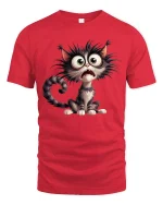 Funny Scared Cat Tee with Big Eyes Cartoon Artwork - red t-shirt on white background
