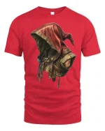 Mysterious Rogue Hooded Warrior Tee with Epic Fantasy Style - red t-shirt on white background