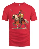 Medieval Knight Rider Tee with Bold Warrior Horse Artwork - red t-shirt on white background