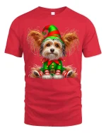 Cute Christmas Elf Dog Tee with Festive Holiday Puppy Art - red t-shirt on white background