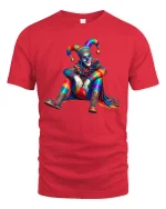 Colorful Jester Art Tee with Vibrant Harlequin Clown Design - red t-shirt on white background