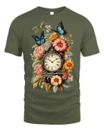 Vintage Floral Clock Butterfly Art Tee for Timeless Style - military green t-shirt on white background