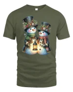 Snowman Couple Lantern Glow Tee with Festive Winter Design - military green t-shirt on white background