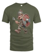 Funny Viking Warrior Tee with Cartoon Shield and Spear Art - military green t-shirt on white background