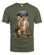 Skateboarding Owl Tee with Cool Cap and Street Style Art - military green t-shirt on white background
