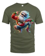 Funky Dancing Santa Tee with Cool Holiday Party Vibes - military green t-shirt on white background
