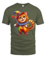 Cute Clown Cat Tee with Colorful Adorable Kitty Artwork - military green t-shirt on white background