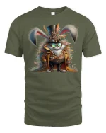 Steampunk Bunny Adventurer Tee with Fantasy Gear Art - military green t-shirt on white background