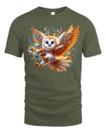Magical Owl Warrior Fantasy Art Tee with Enchanted Style - military green t-shirt on white background