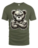 Angry Tough Teddy Bear Tee with Bold Cartoon Stitch Art - military green t-shirt on white background