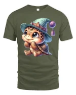 Cute Baby Turtle Tee with Magical Hat Cartoon Artwork - military green t-shirt on white background