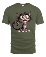 Funny Scared Cat Tee with Big Eyes Cartoon Artwork - military green t-shirt on white background