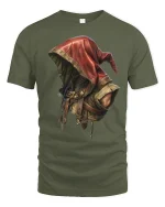 Mysterious Rogue Hooded Warrior Tee with Epic Fantasy Style - military green t-shirt on white background