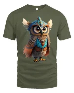 Colorful Tribal Owl Spirit Tee with Cute Fantasy Art Design - military green t-shirt on white background